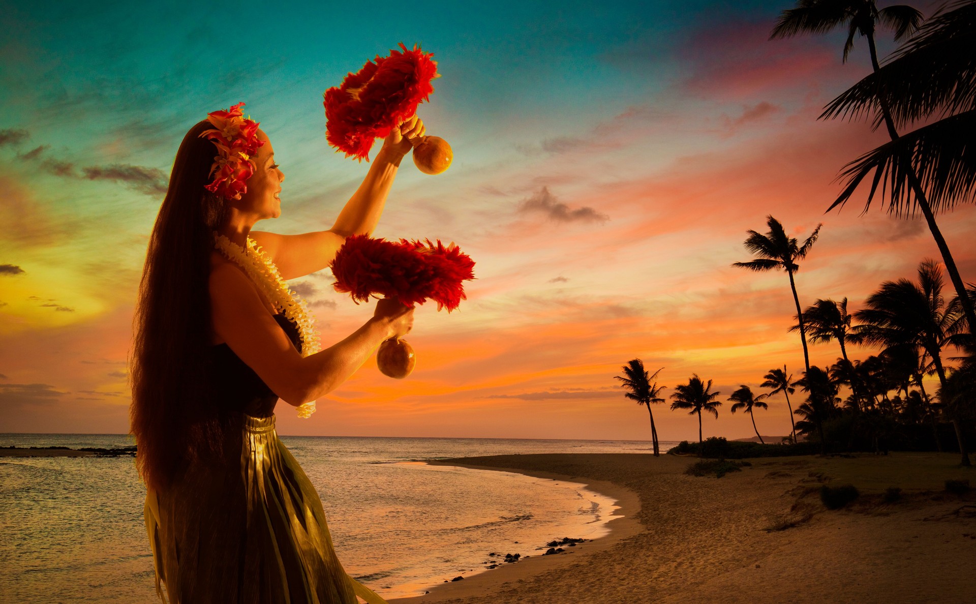 Hula Dancer on Hawaiian Beach at Sunset with Palm Tree