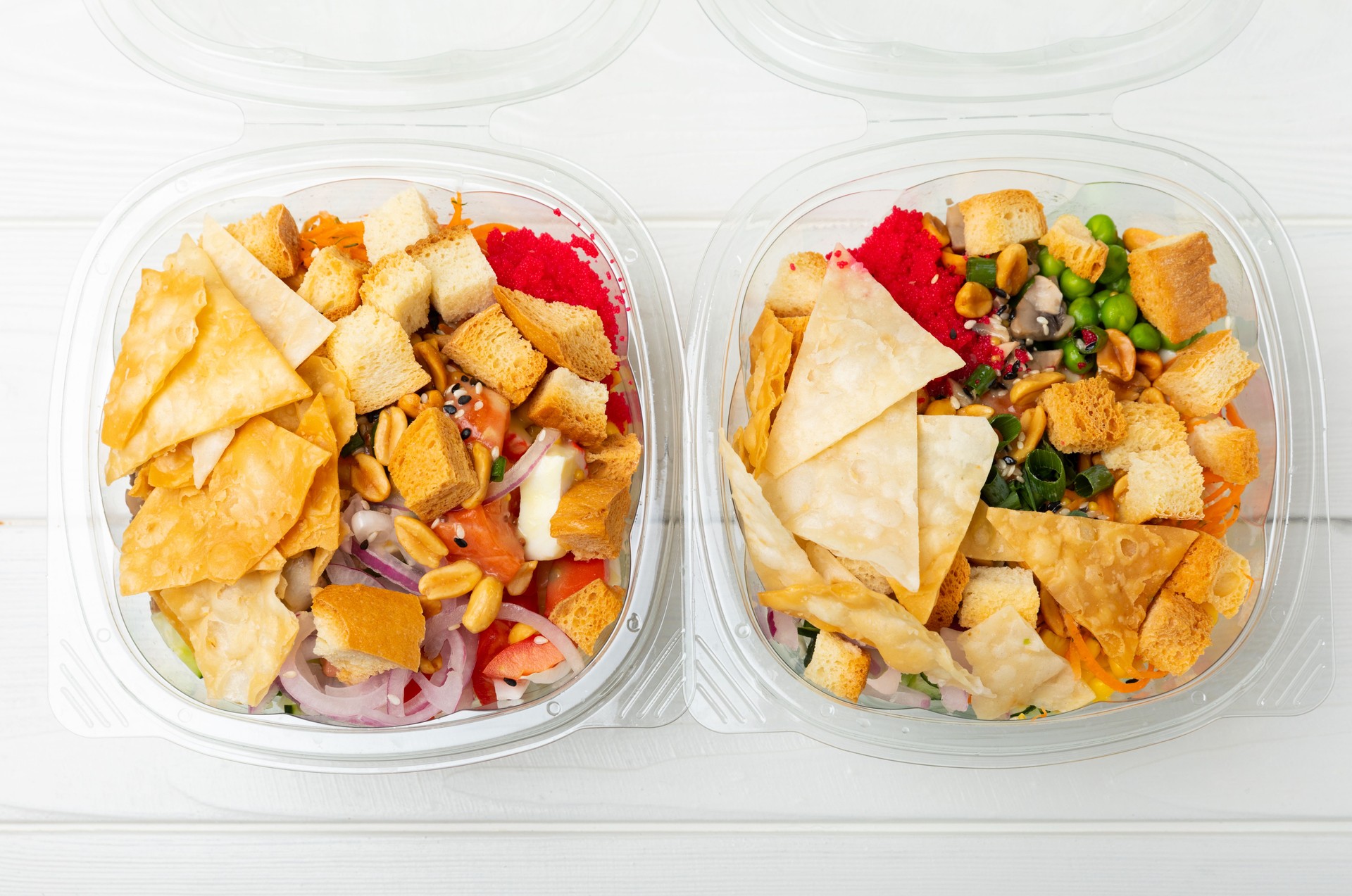 Poke from salmon, funchose, vegetables and pita crispy on a  background.Healthy healthy food.Hawaiian food. View from above. Place to copy.
